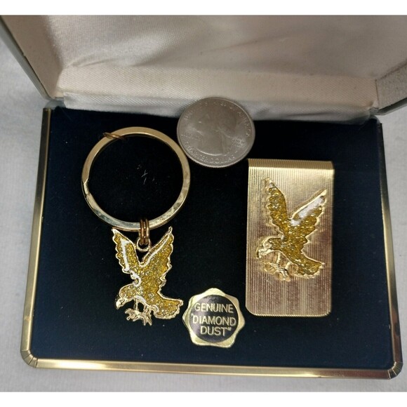 Marquis Genuine Diamond Dust Eagle Key Ring Matching Money Clip Gold Tone Metal - Picture 9 of 15